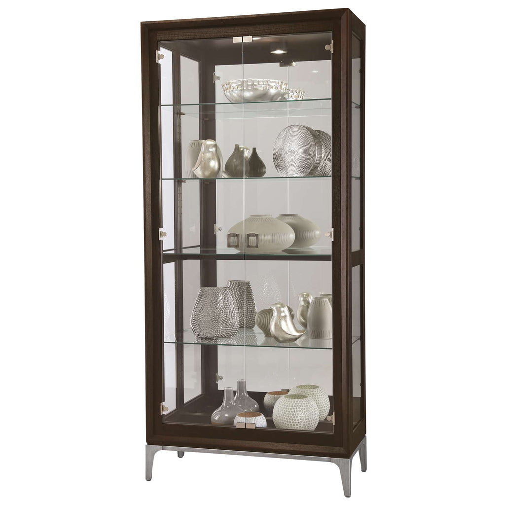 A tall, modern display cabinet featuring multiple glass shelves and a dark wood frame, showcasing decorative vases and ornaments.
