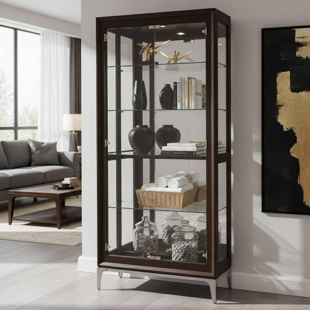 A modern glass display cabinet showcasing decorative items and a basket of towels, placed in a well-lit living room.