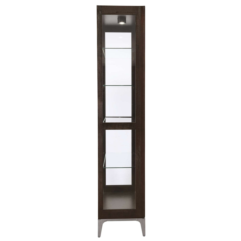 Tall wooden display cabinet with glass shelves