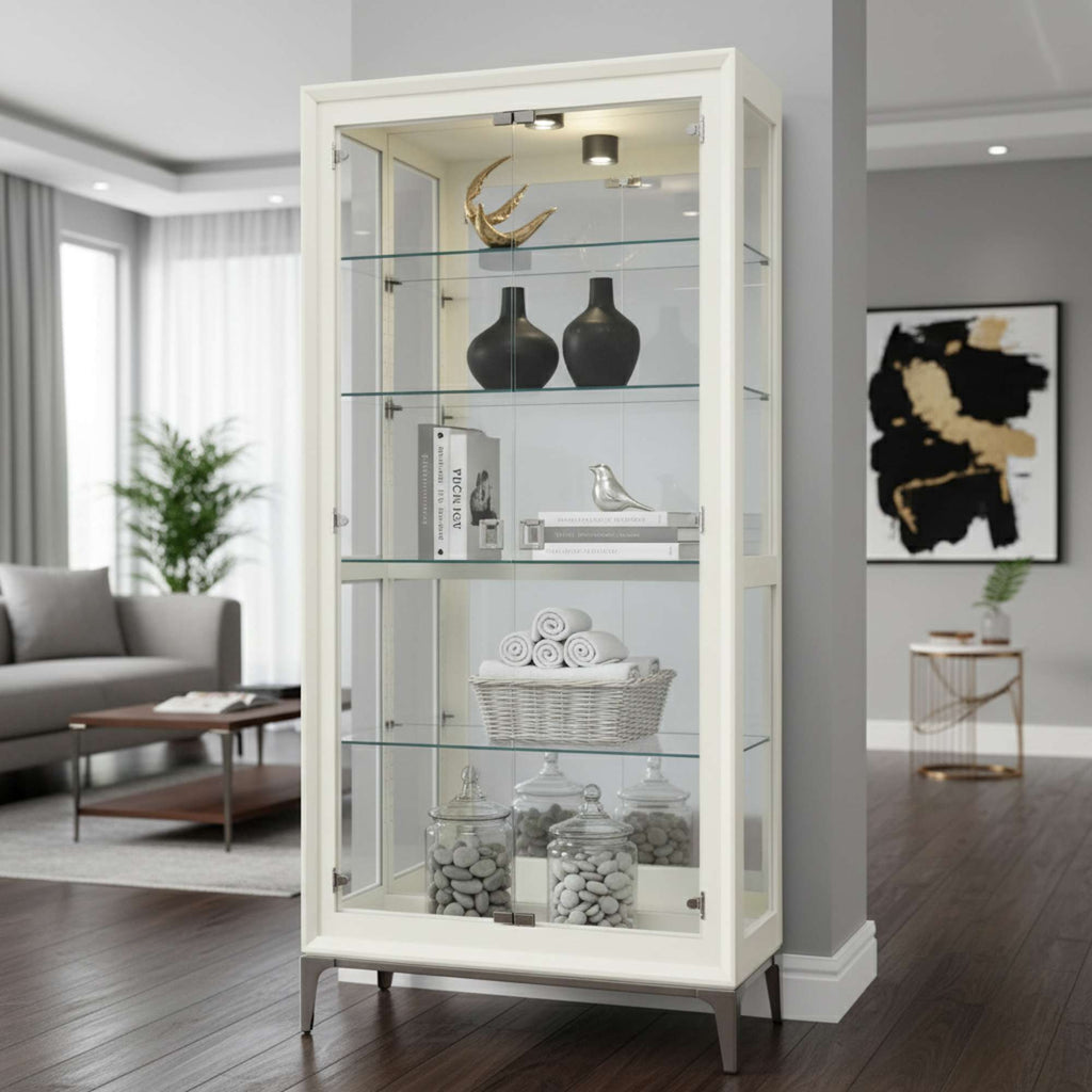 Modern glass display cabinet in a stylish living room.
