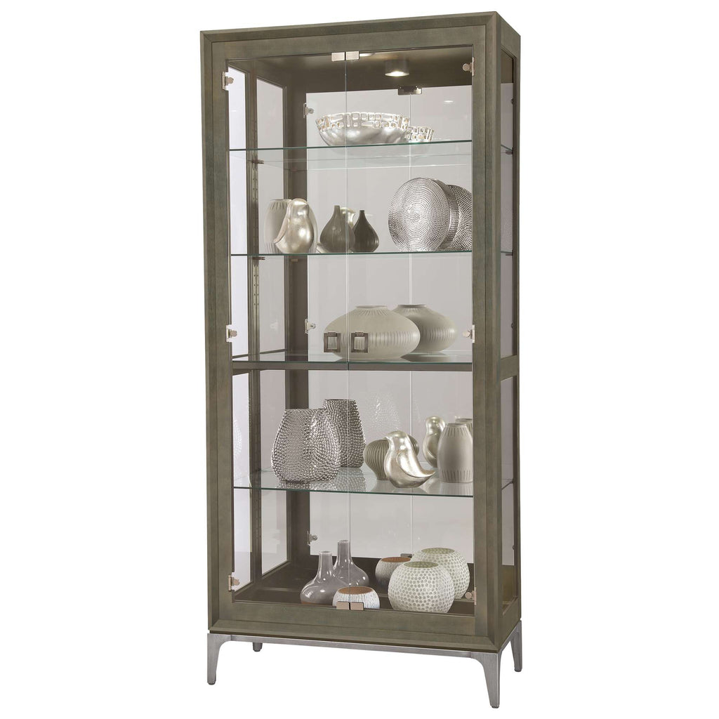 Glass display cabinet featuring decorative items and vases.