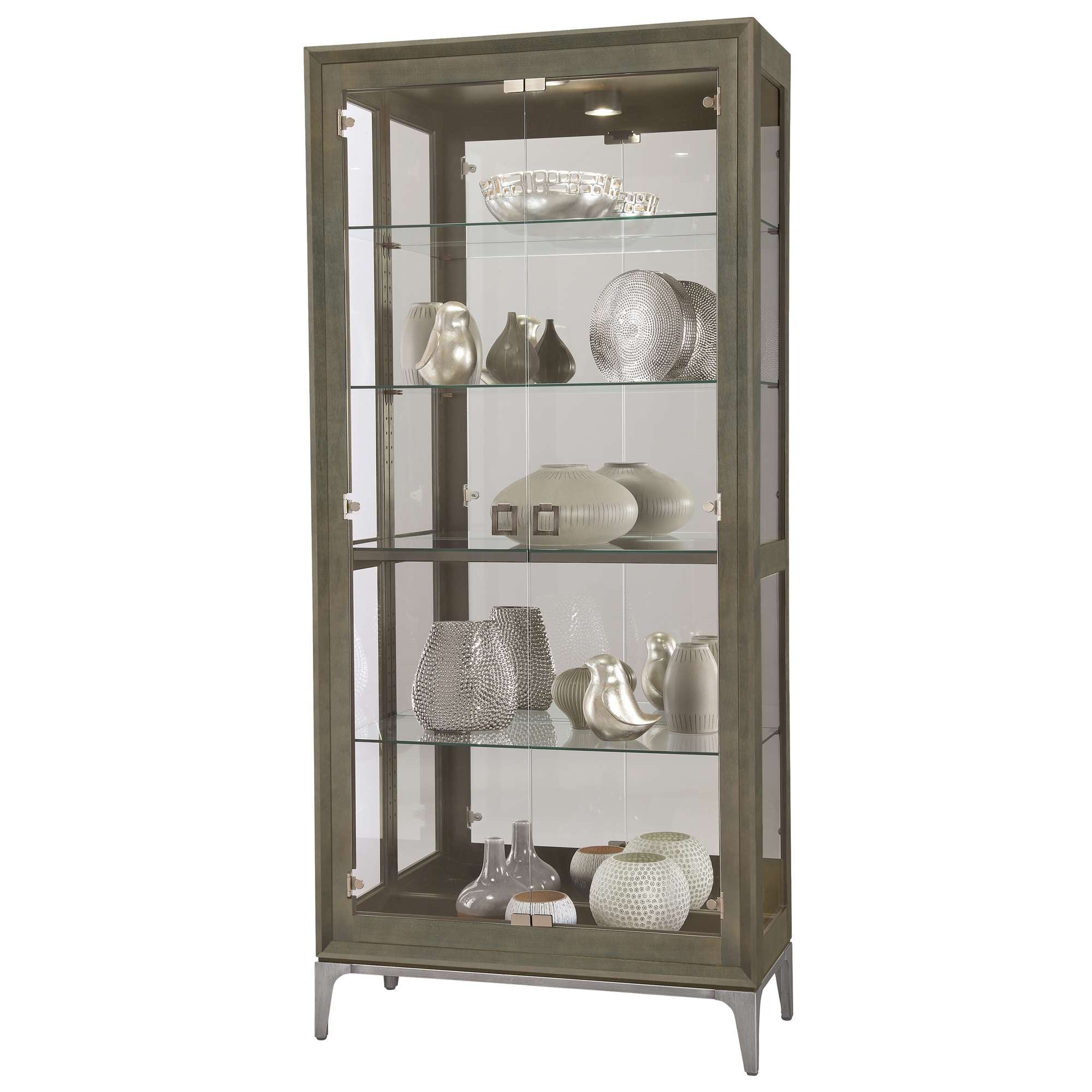 Glass display cabinet featuring decorative items and vases.