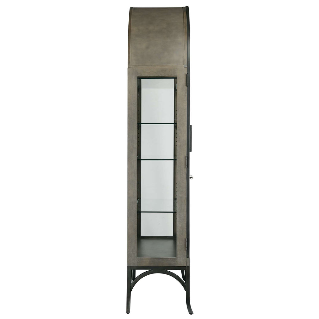 Tall, narrow display cabinet with glass shelves and a metal frame.
