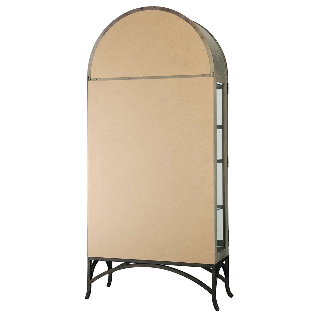 Tall display cabinet with a rounded top and metal frame.