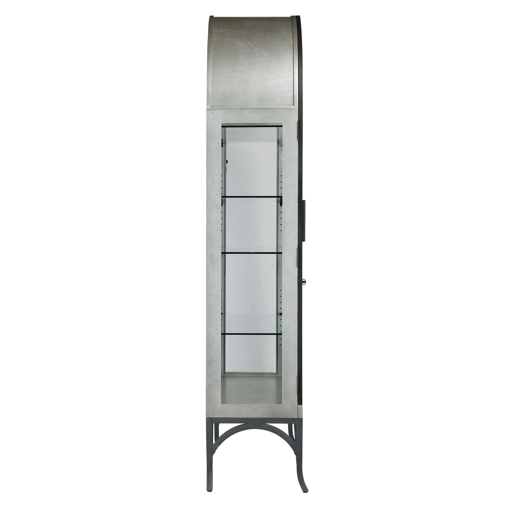 Tall metal display cabinet with glass shelves