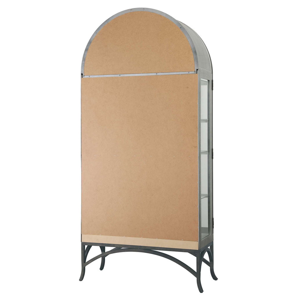 A curved, empty display board with a metal frame and a brown backing.