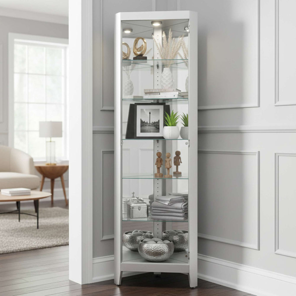 Modern glass display cabinet in a stylish interior setting