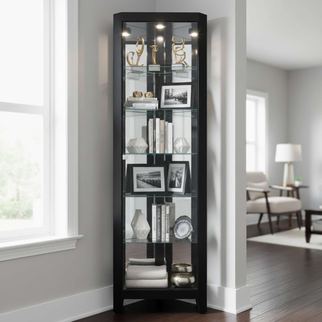 Tall black corner display cabinet with decorative items and framed photos