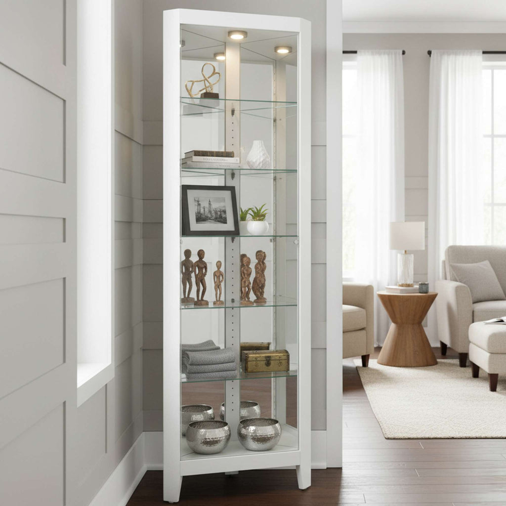 A stylish white glass display cabinet with decorative items inside, positioned in a modern living room.