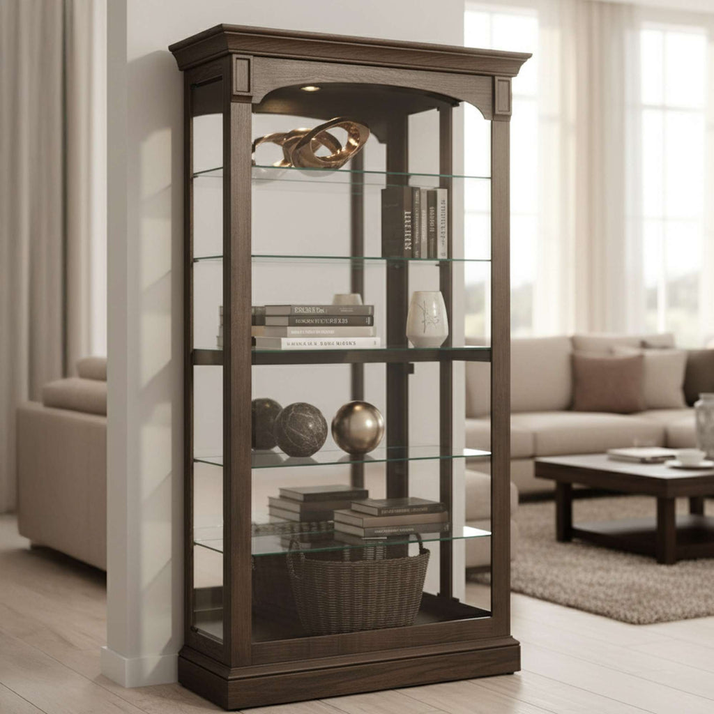 A stylish glass-front cabinet with shelves displaying decorative items in a cozy living room.