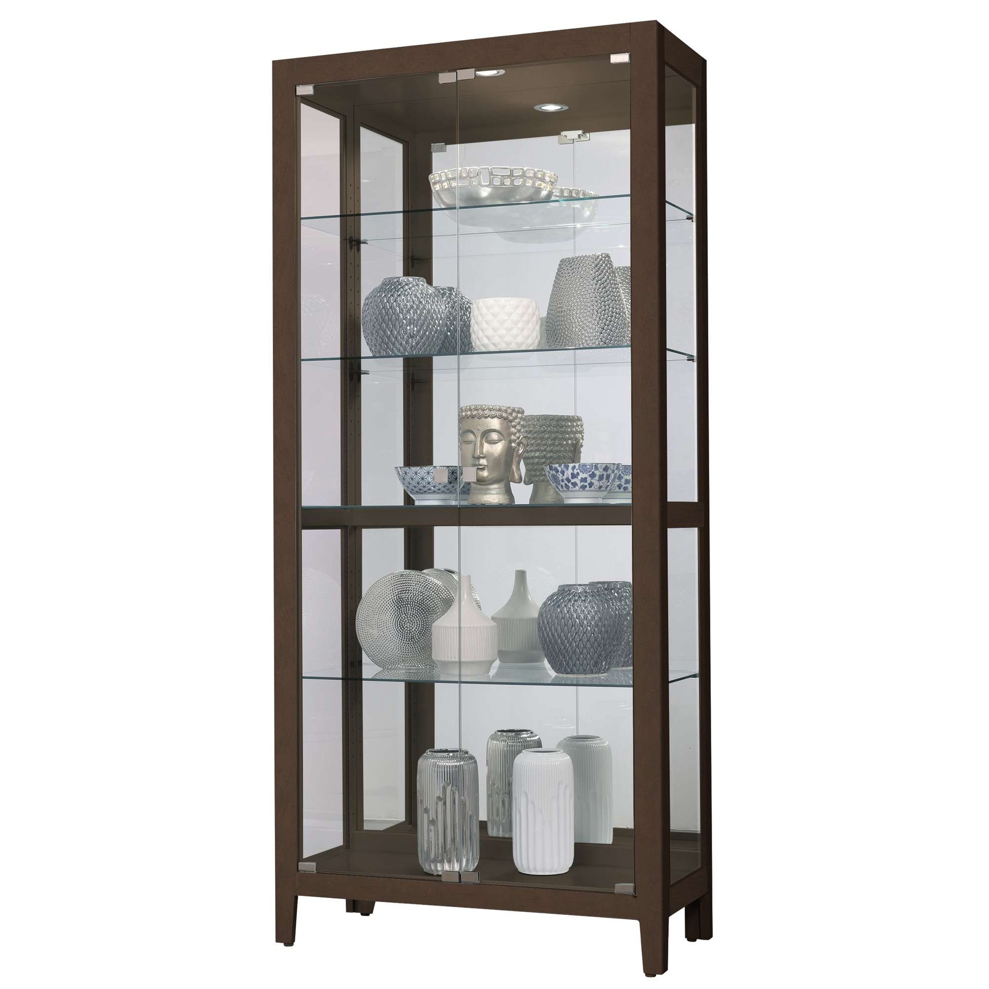 A modern display cabinet with glass shelves showcasing various decorative vases and objects.