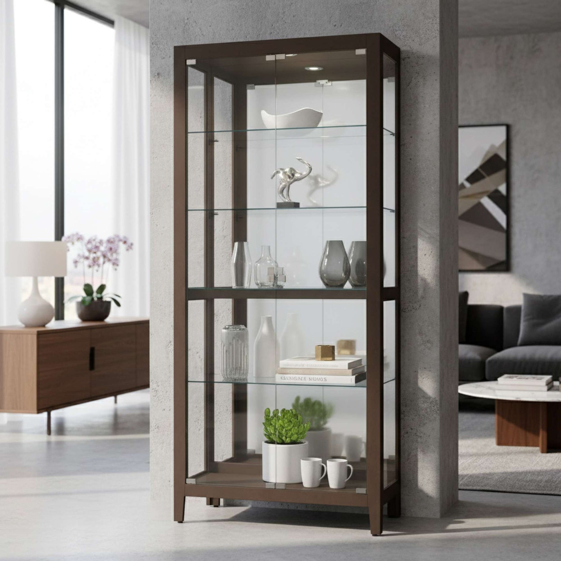 A modern glass display cabinet with various decorative items inside, situated in a stylish living room.