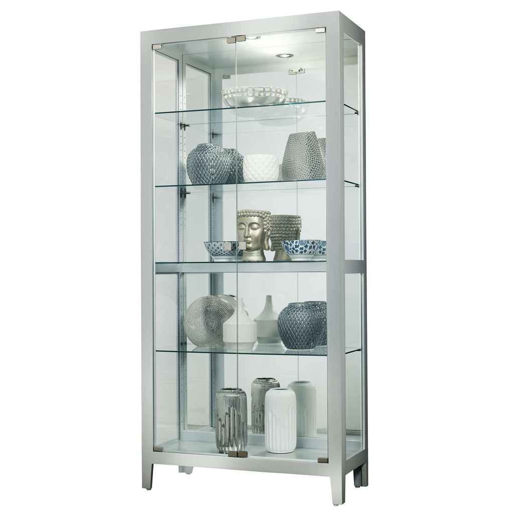 A tall glass display cabinet showcasing various decorative vases and sculptures.