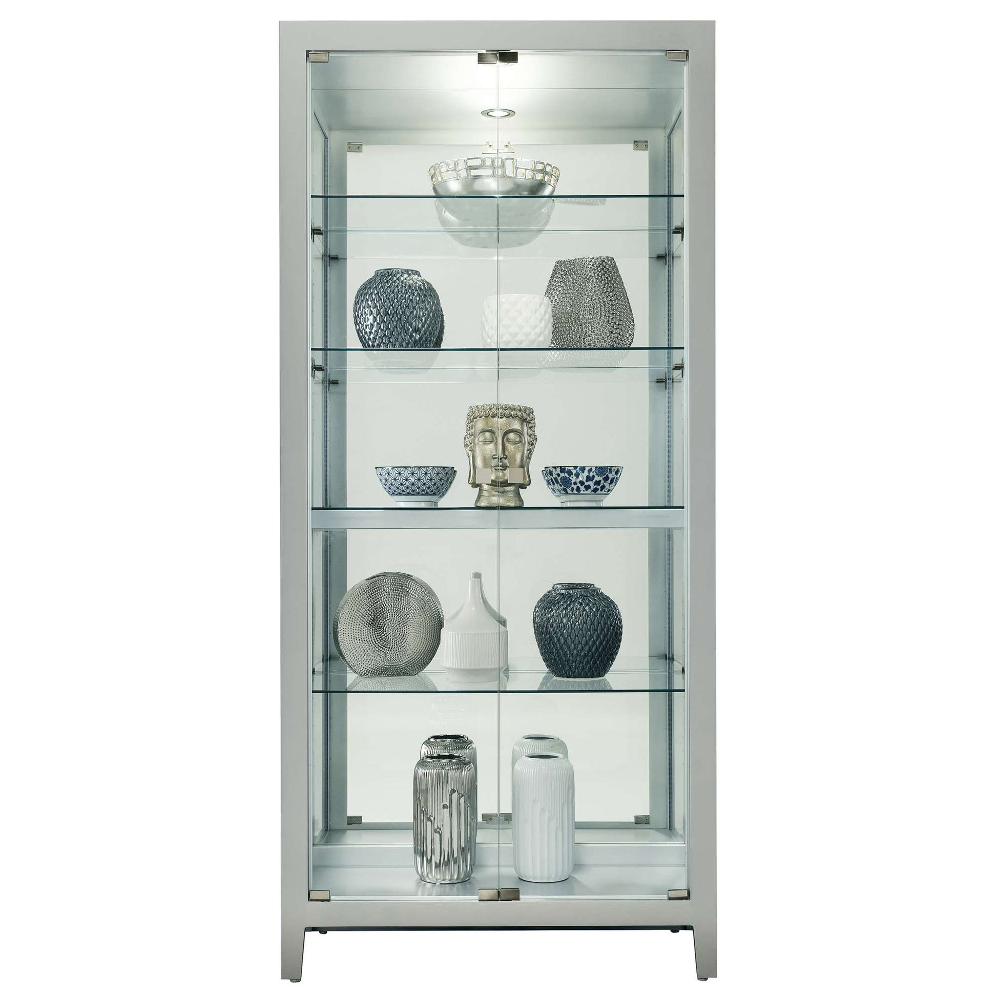 A glass display cabinet showcasing various decorative vases and sculptures.