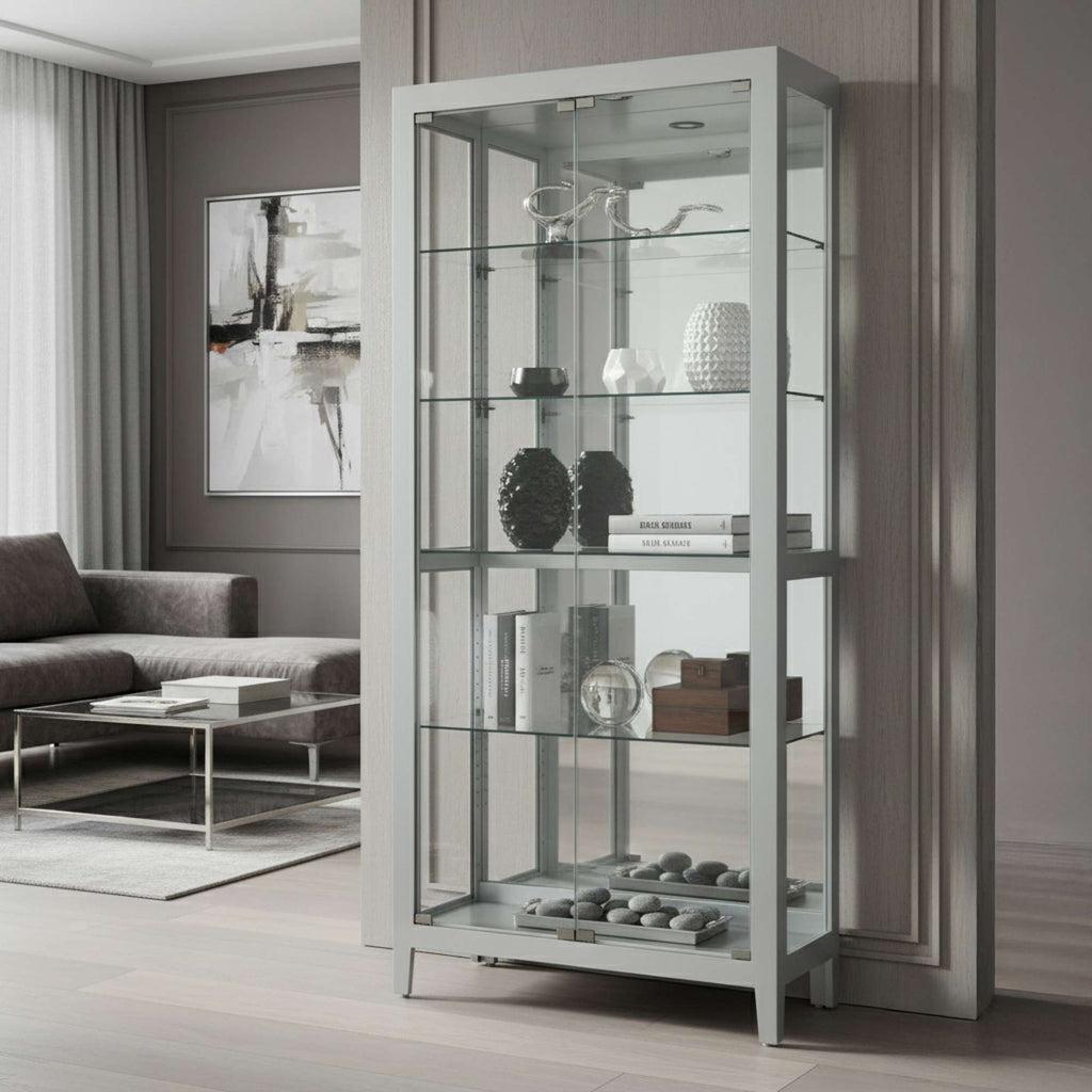 Modern glass display cabinet in a stylish living room