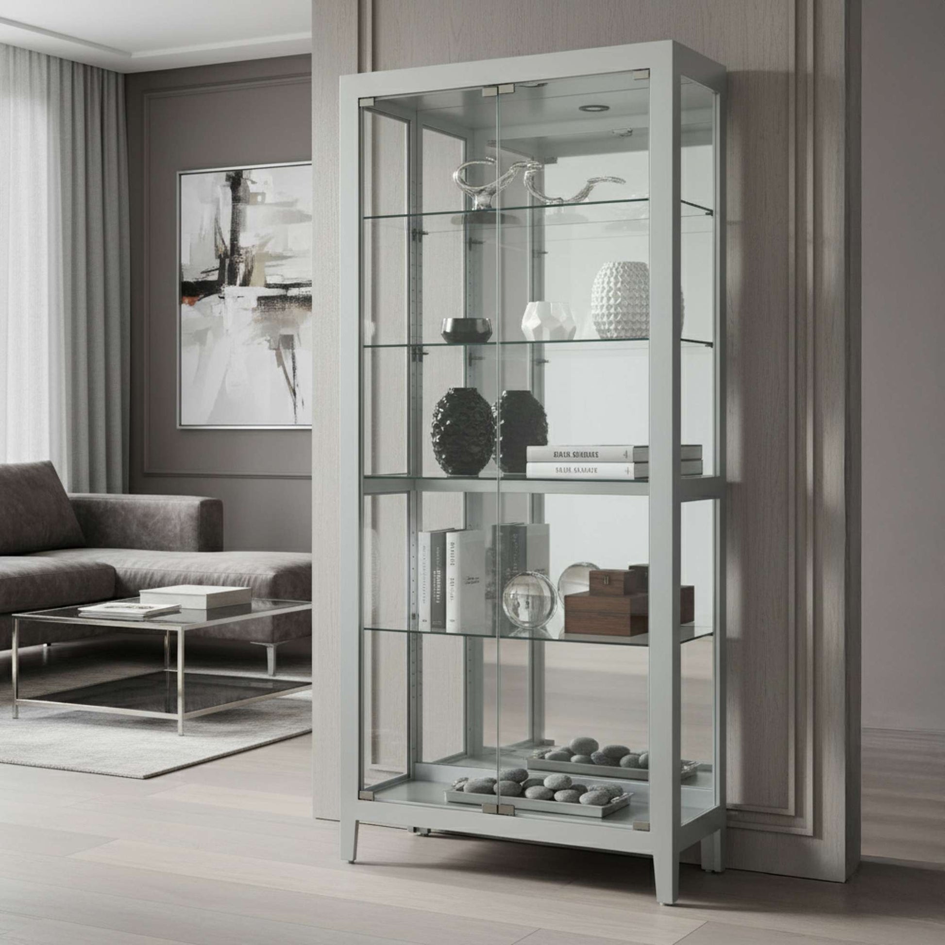 Modern glass display cabinet in a stylish living room