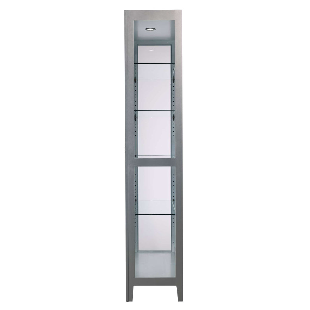 Tall, slim display cabinet with glass shelves and a light at the top