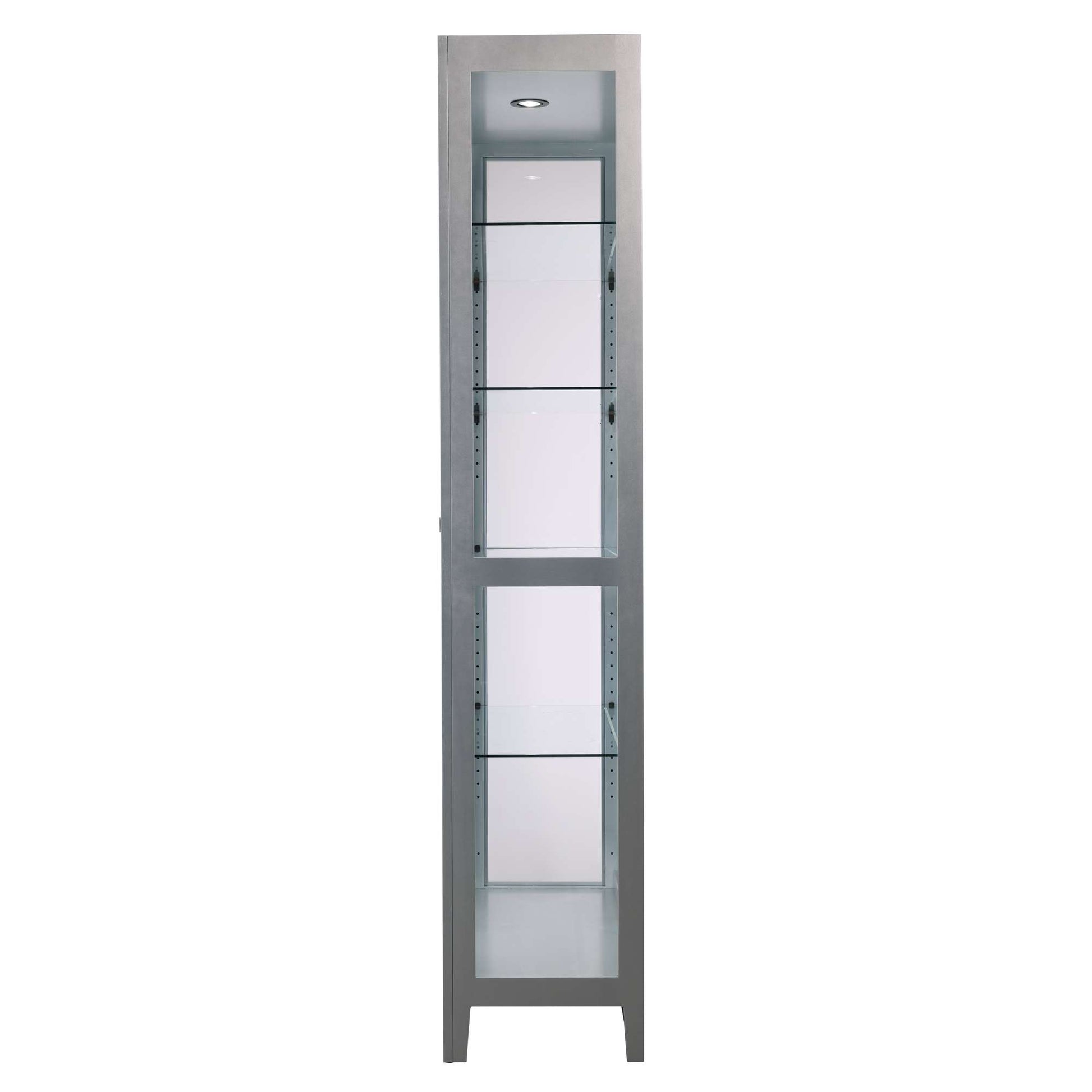Tall, slim display cabinet with glass shelves and a light at the top