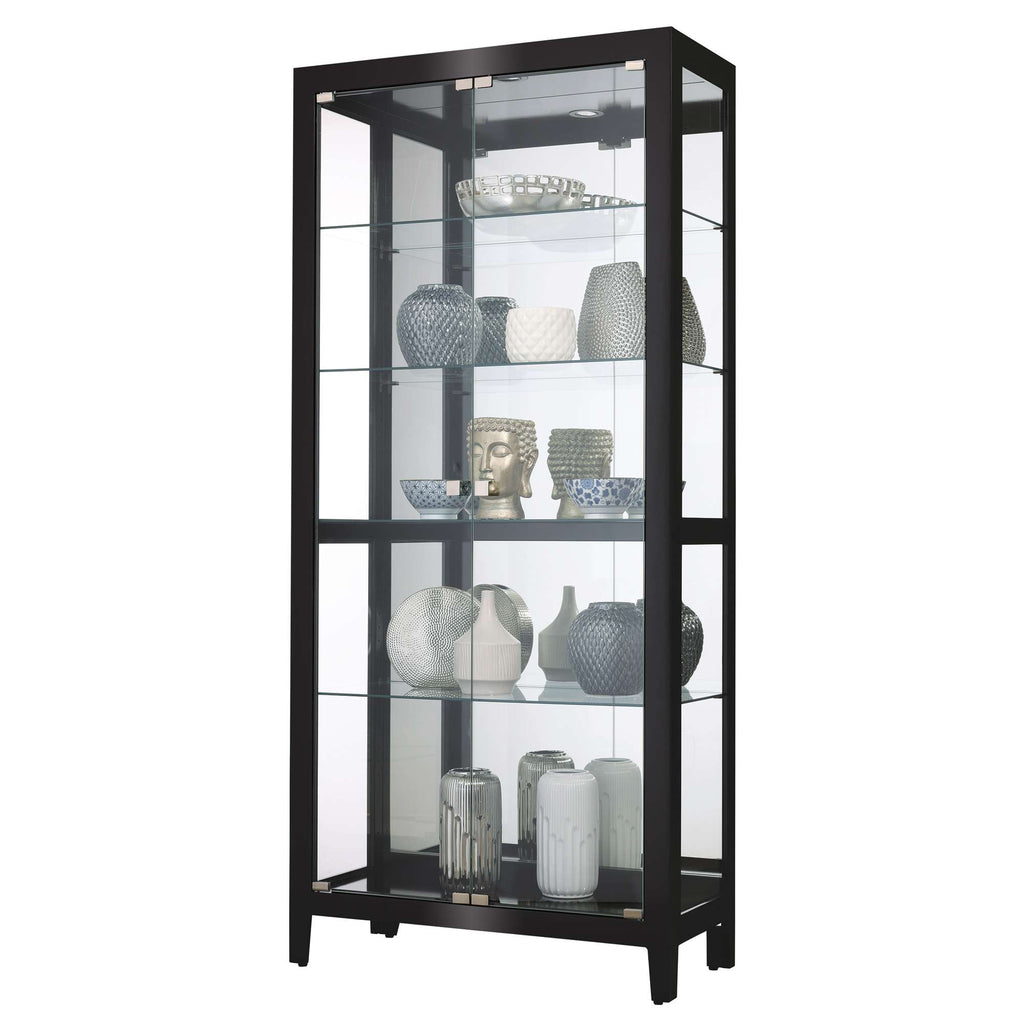 A tall display cabinet showcasing various decorative vases and sculptures.