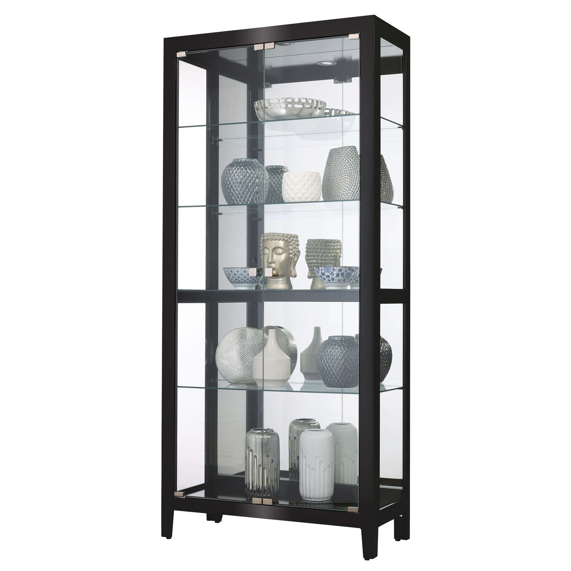 A tall display cabinet showcasing various decorative vases and sculptures.