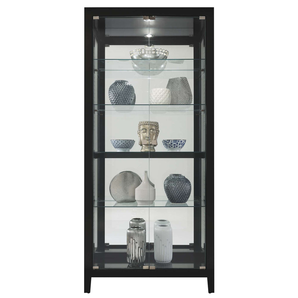 A modern glass display cabinet featuring various decorative vases and a sculpture.