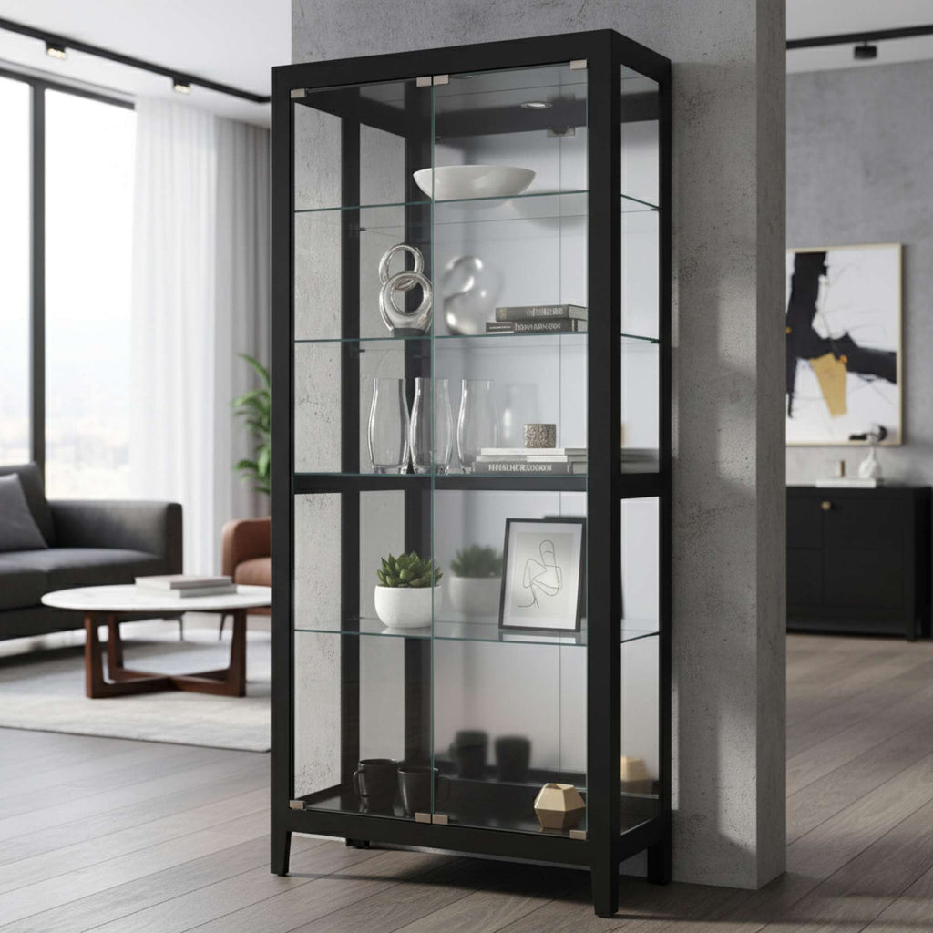 Black glass display cabinet with decorative items in a modern living room
