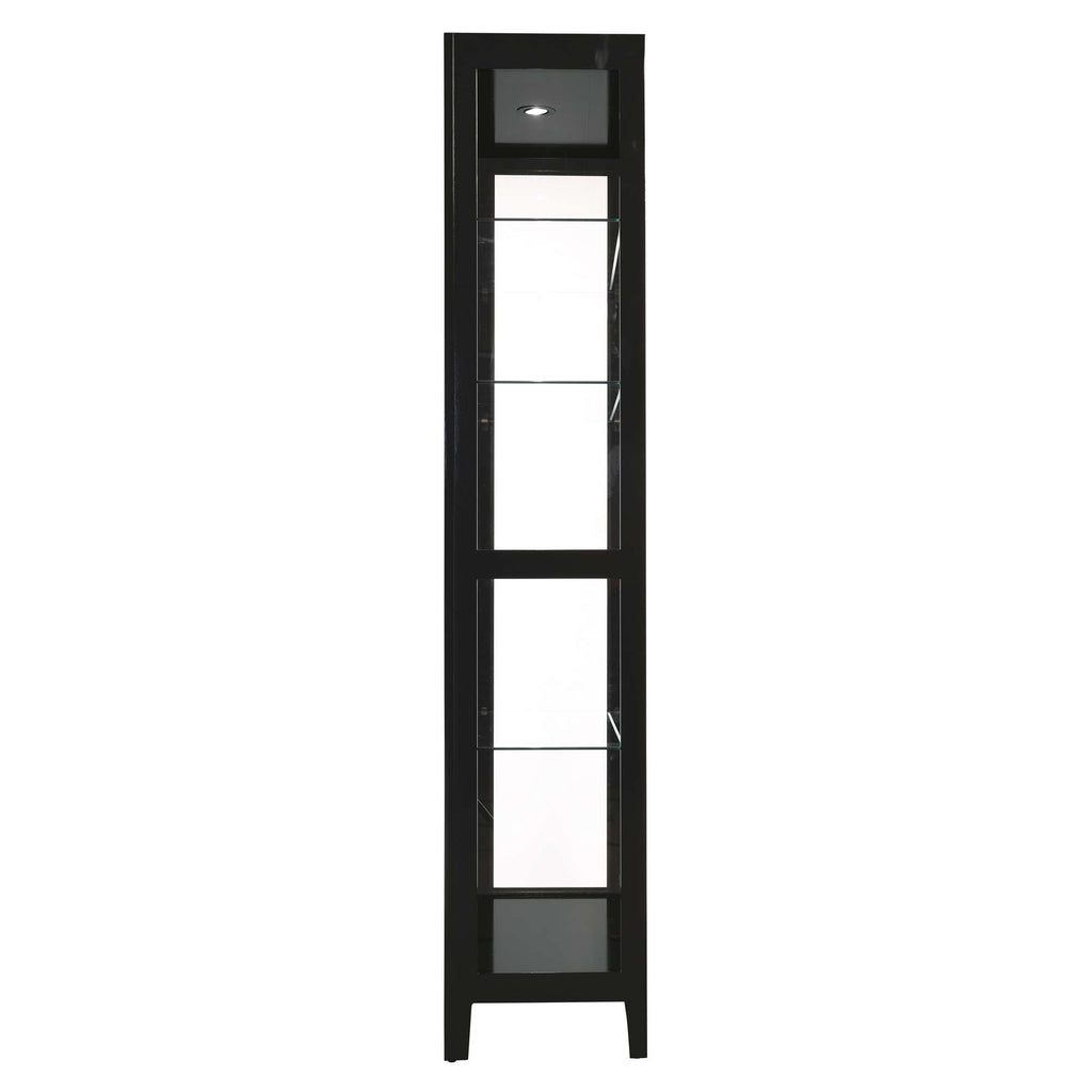 Tall black display cabinet with glass shelves