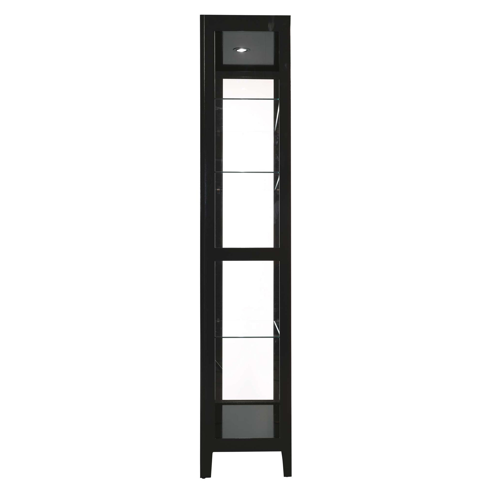 Tall black display cabinet with glass shelves