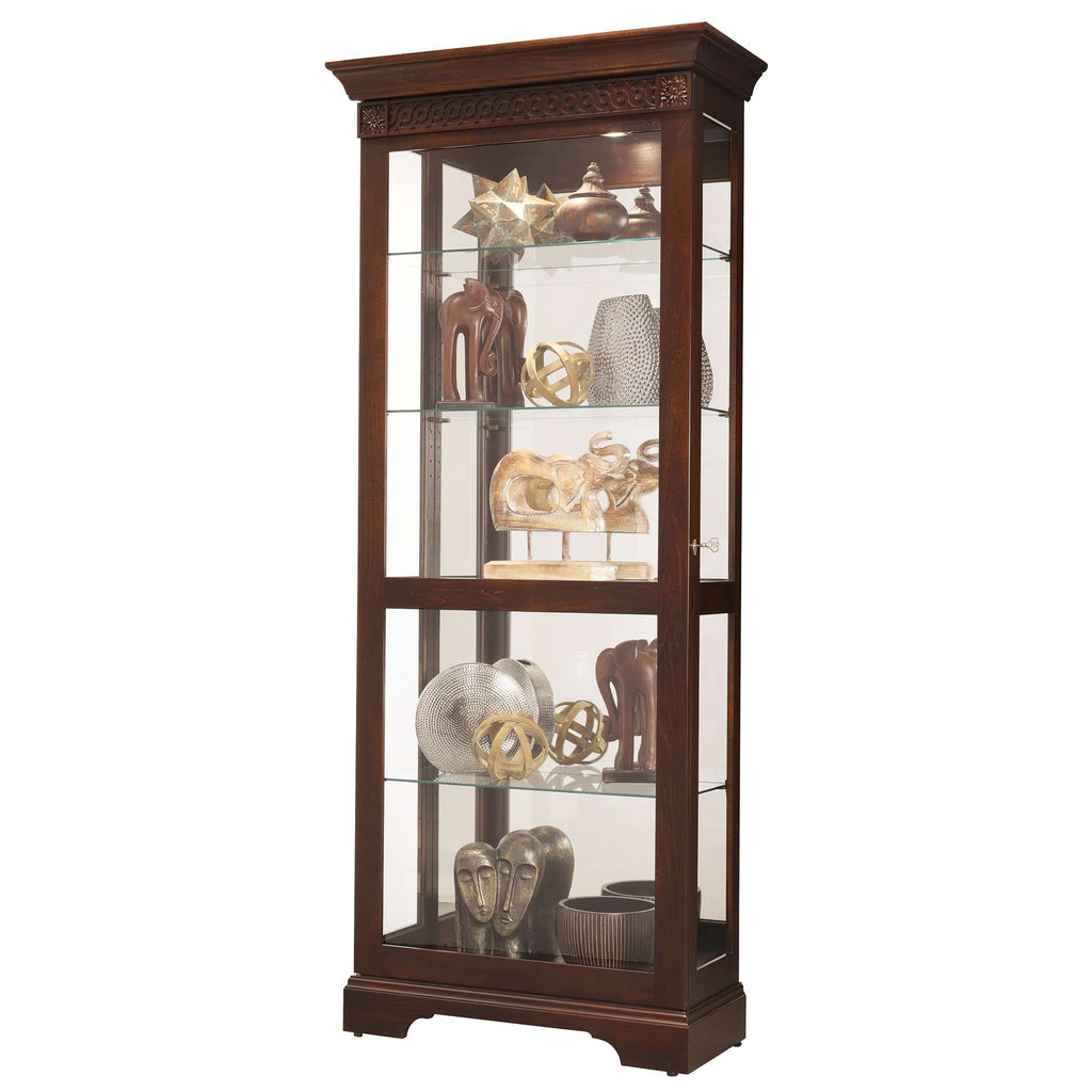 Wooden display cabinet with glass shelves showcasing decorative items.
