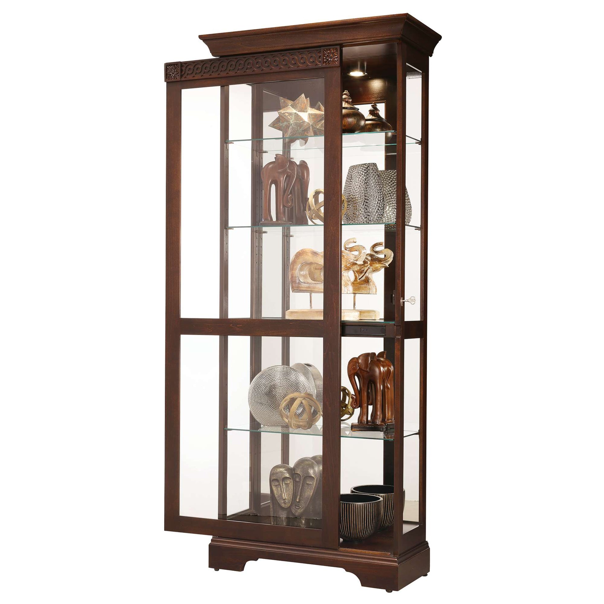 Tall wooden display cabinet showcasing various decorative items