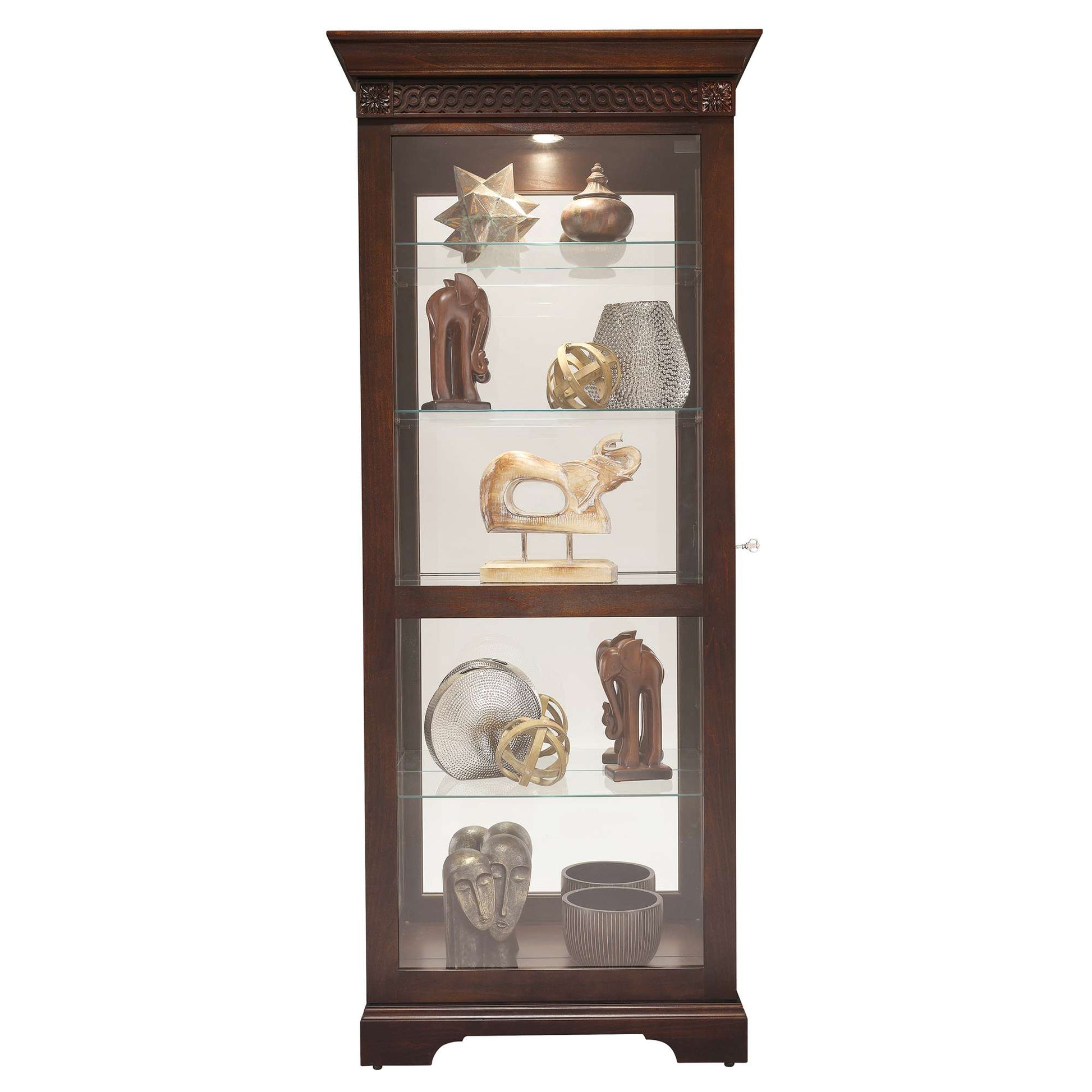 Tall display cabinet featuring decorative items and collectibles