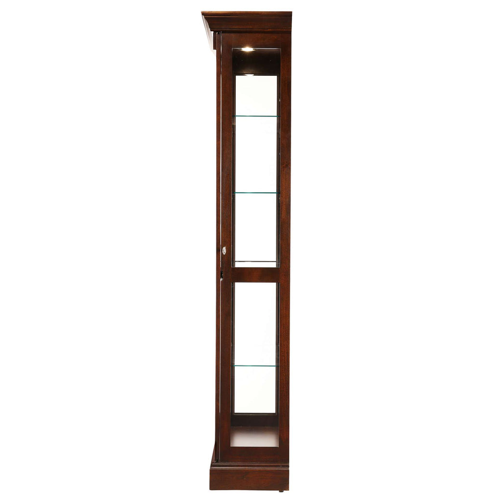 Slim wooden display cabinet with glass shelves