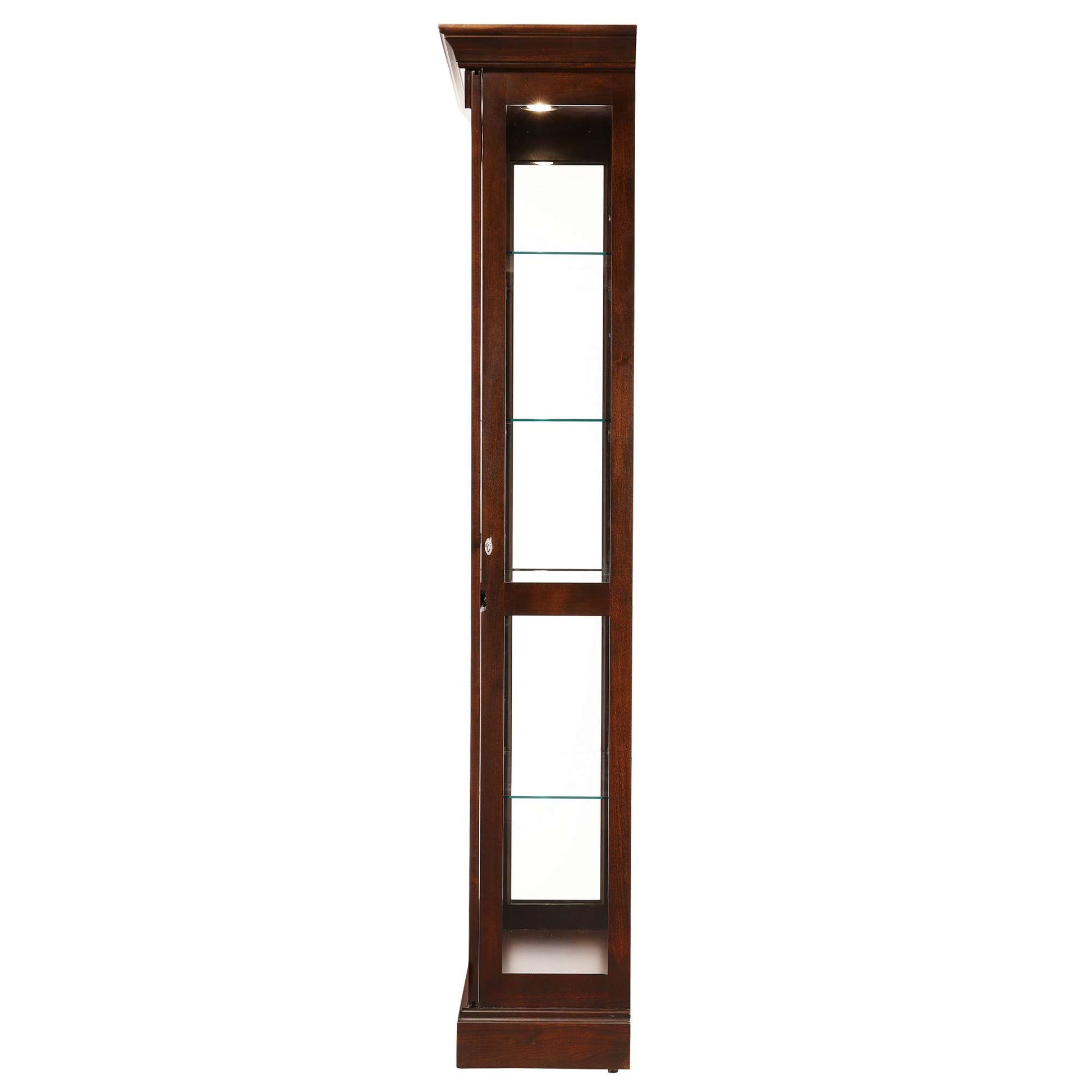 Slim wooden display cabinet with glass shelves