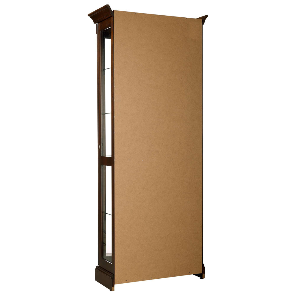 A tall, wooden display cabinet with a plain, cardboard backing.