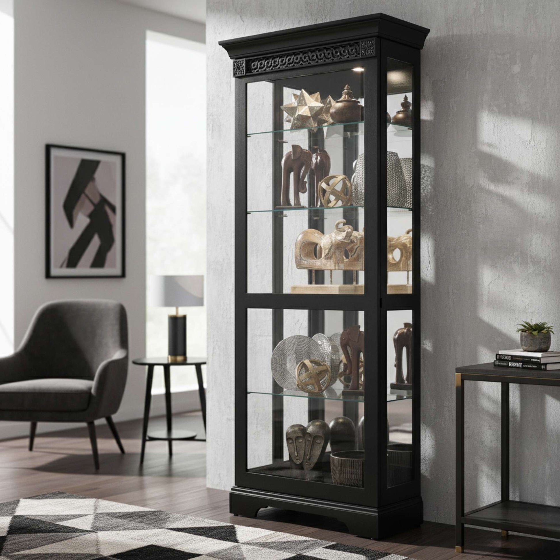 A black display cabinet with glass shelves showcasing decorative items, positioned in a modern room.