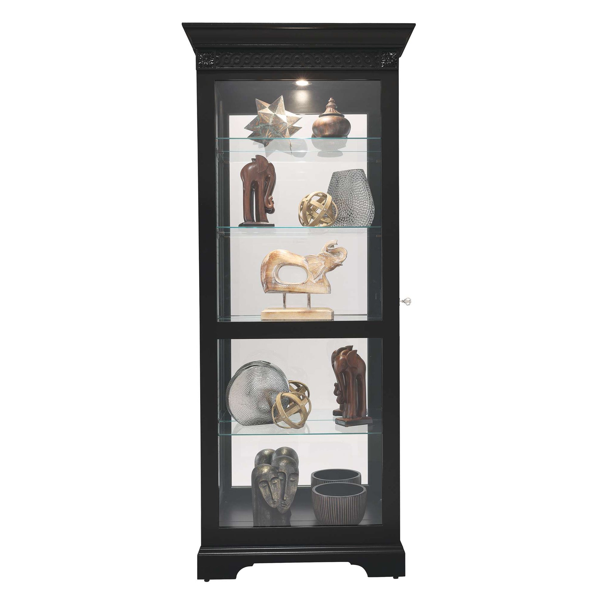 A tall, black display cabinet featuring various decorative objects and sculptures on glass shelves.
