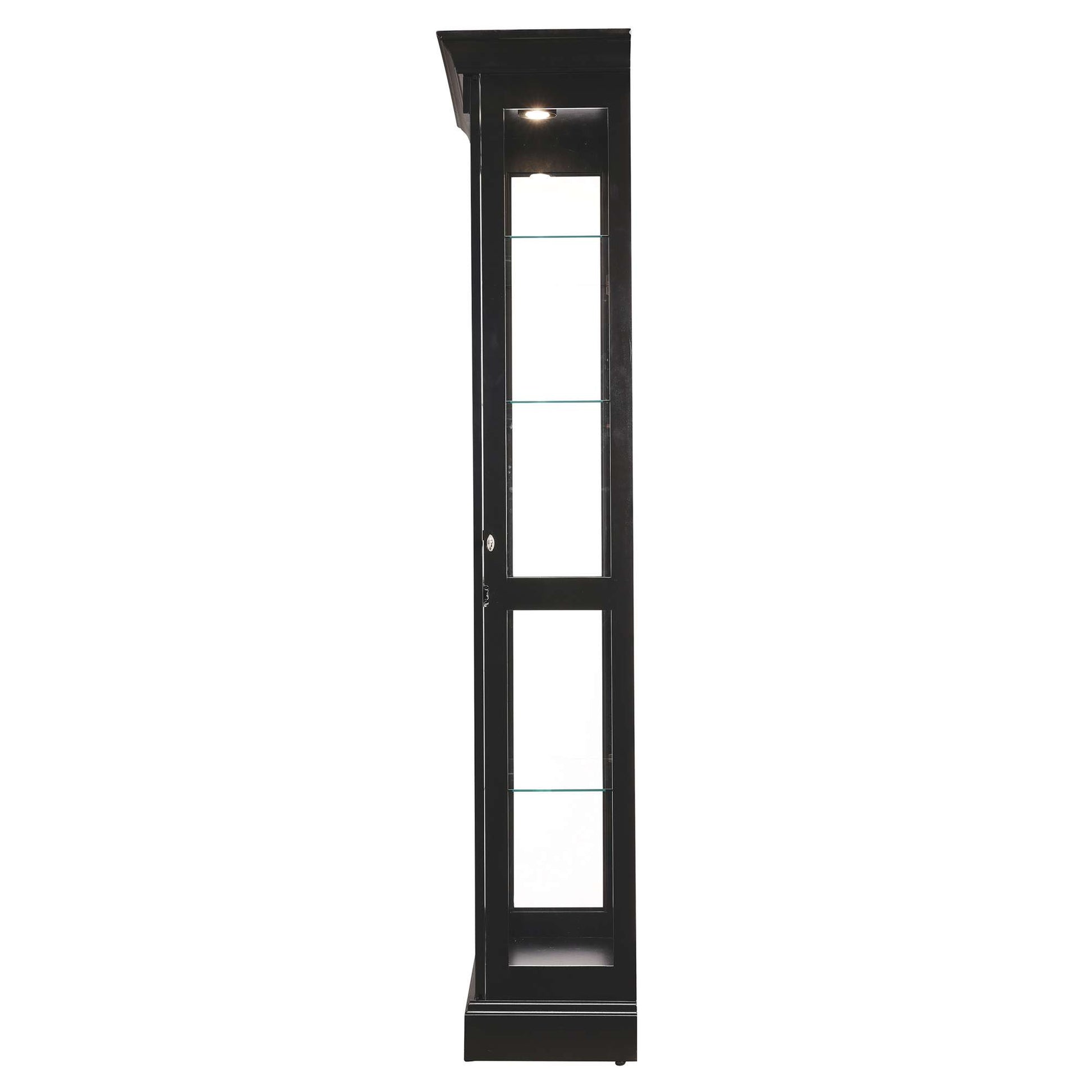 A tall, narrow black display cabinet with glass shelves.