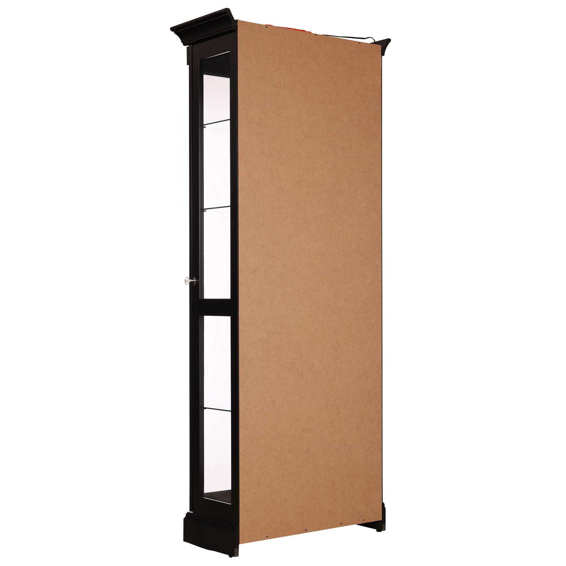 Tall cabinet with a solid brown door and vertical glass panels.