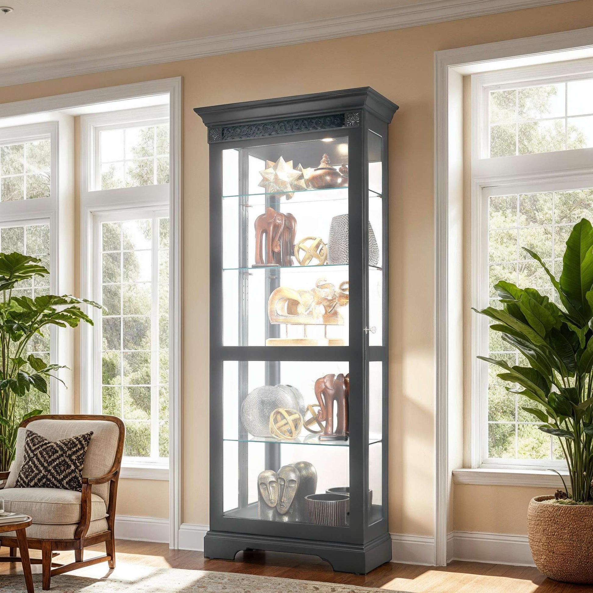 A stylish display cabinet showcasing various decorative items, positioned by large windows in a bright room.