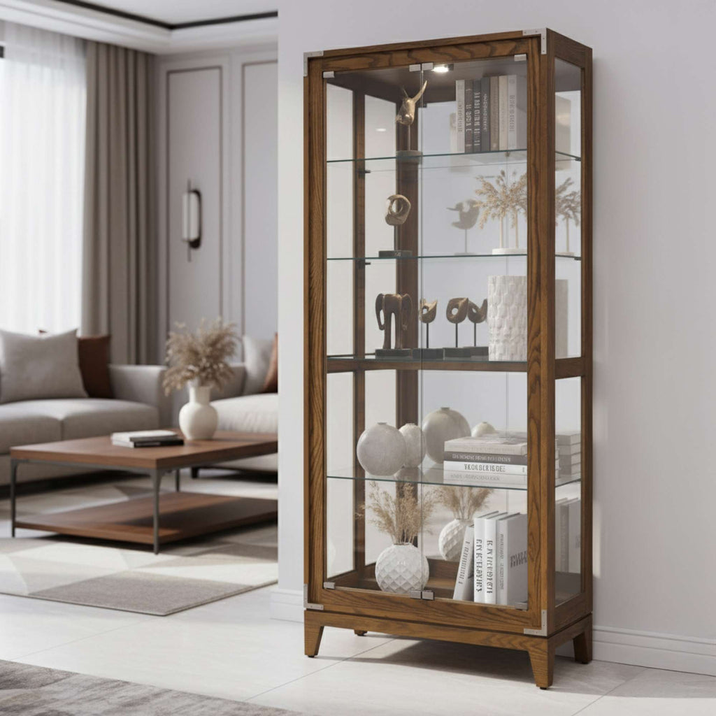 A stylish wooden display cabinet with glass shelves in a modern living room.