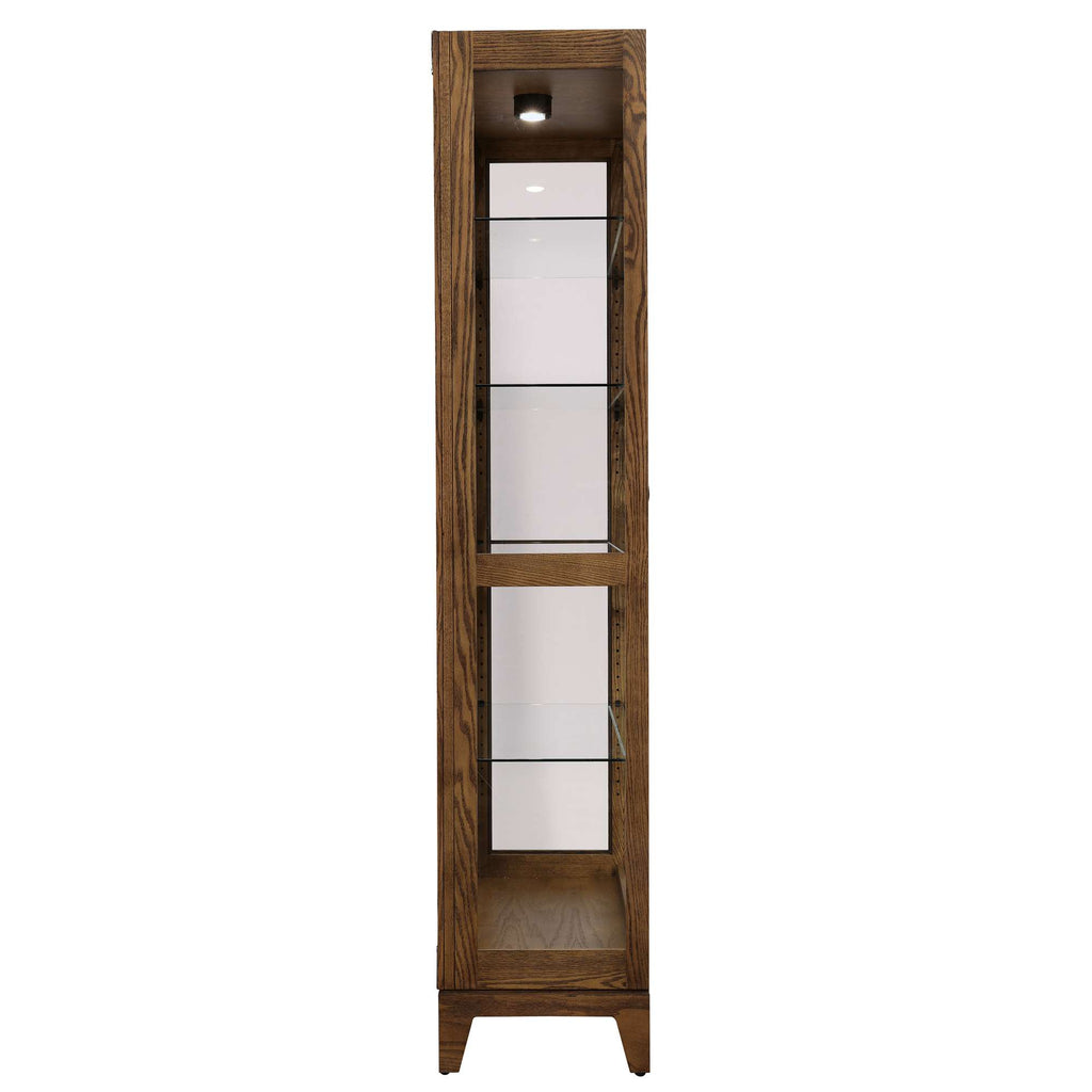 Tall wooden display cabinet with glass shelves