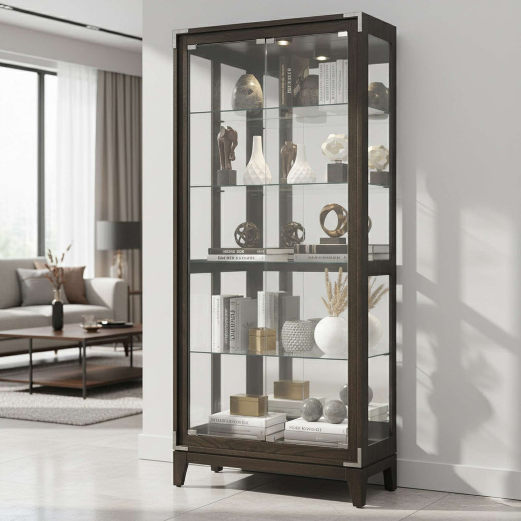 A modern glass display cabinet showcasing decorative items in a stylish interior.