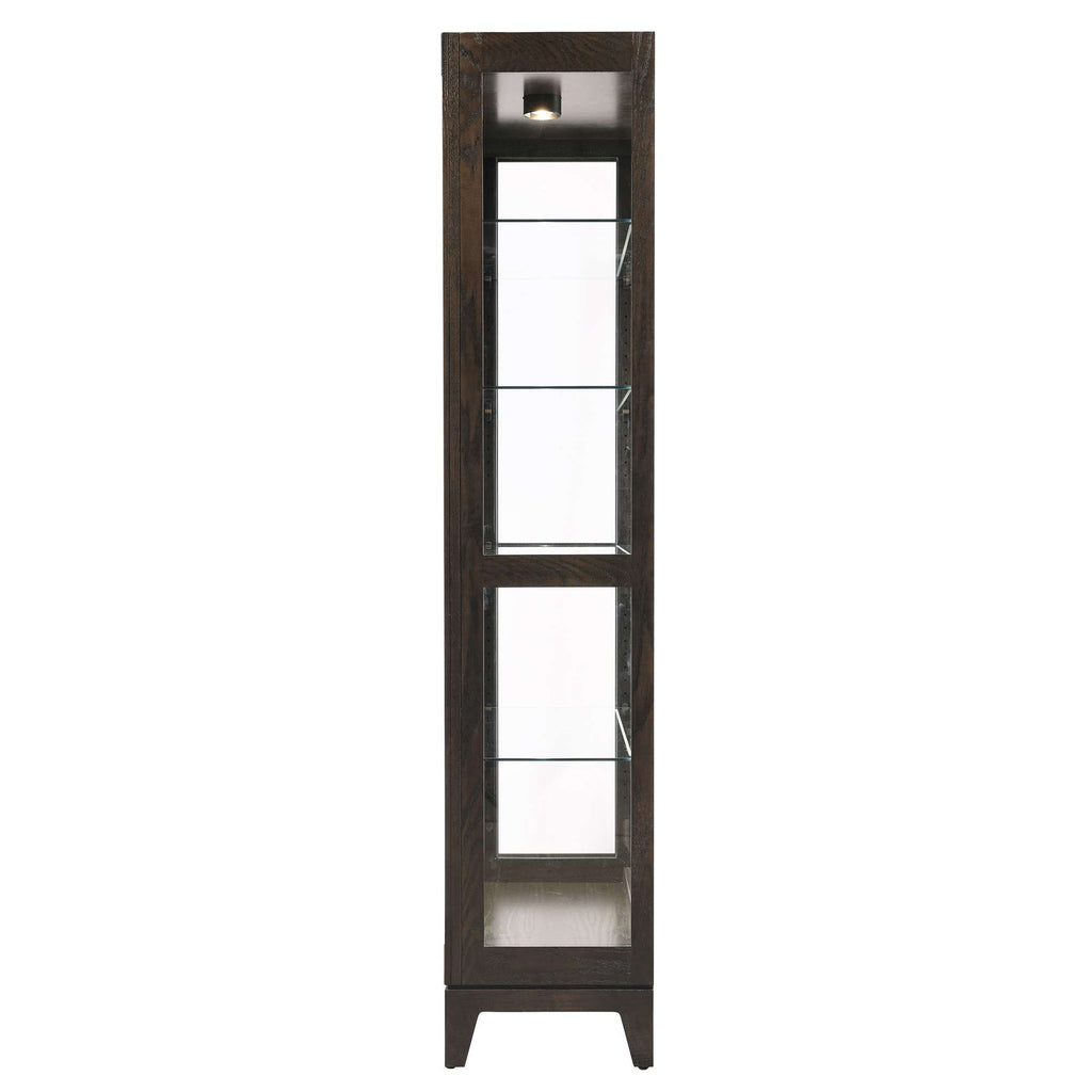 Tall wooden display cabinet with glass shelves