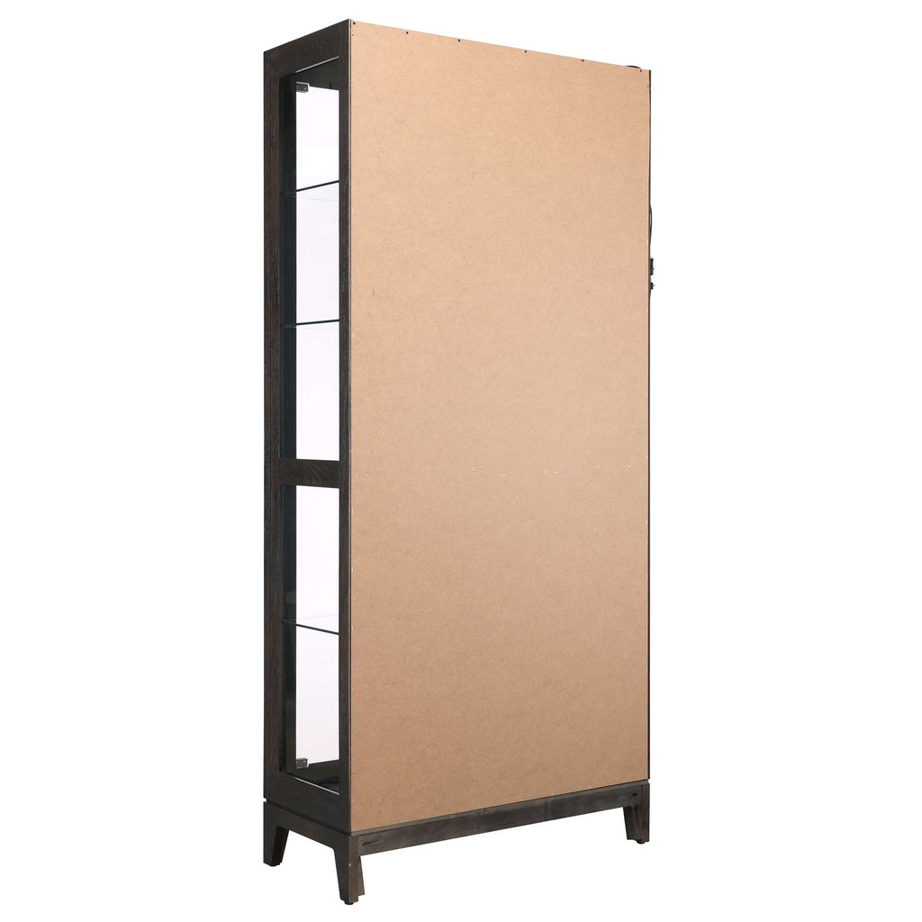 A tall, standing cabinet with a plain cardboard front and a black frame.