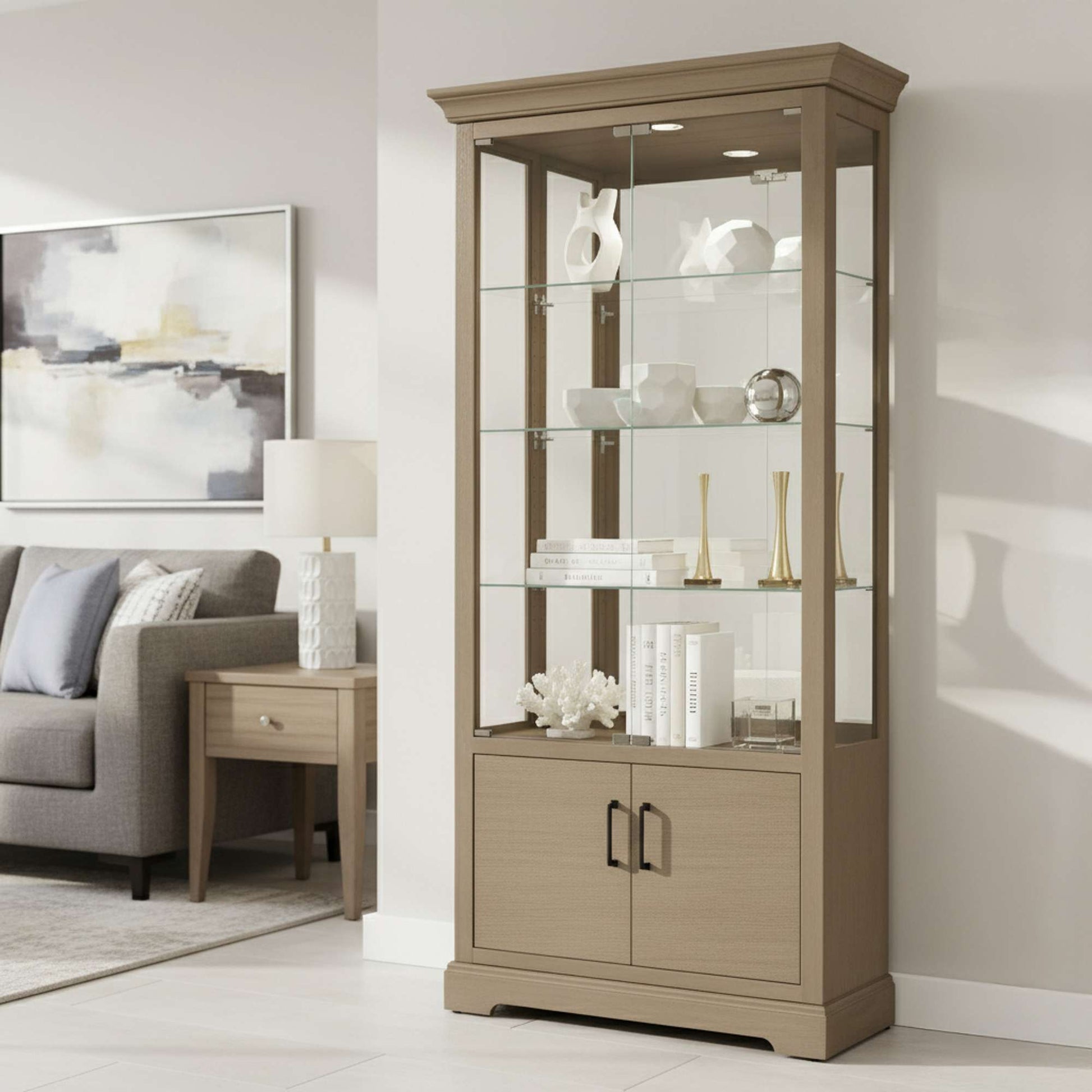 A modern display cabinet with glass shelves in a stylish living room setting.