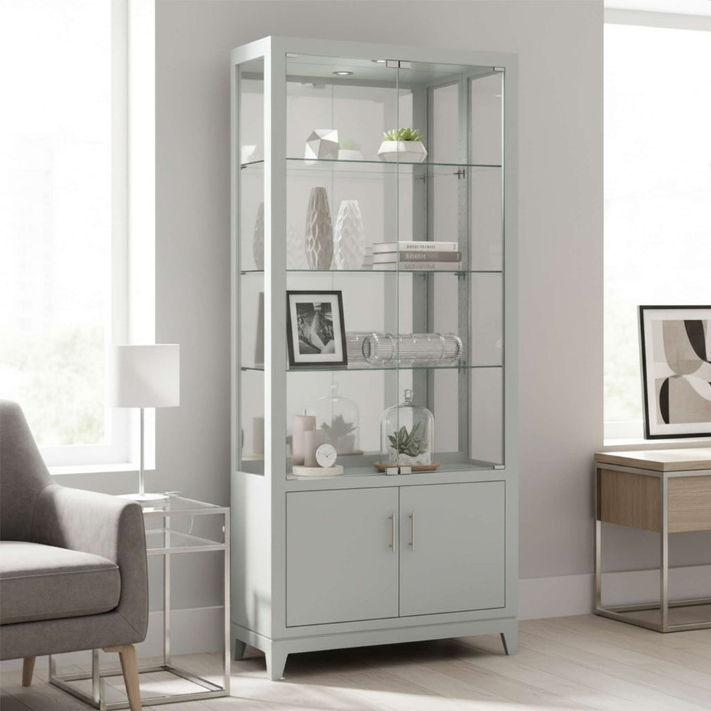 Modern glass display cabinet in a bright living room