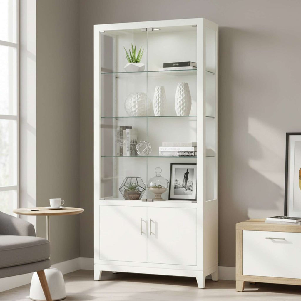 White glass display cabinet with decorative items, situated in a modern living room