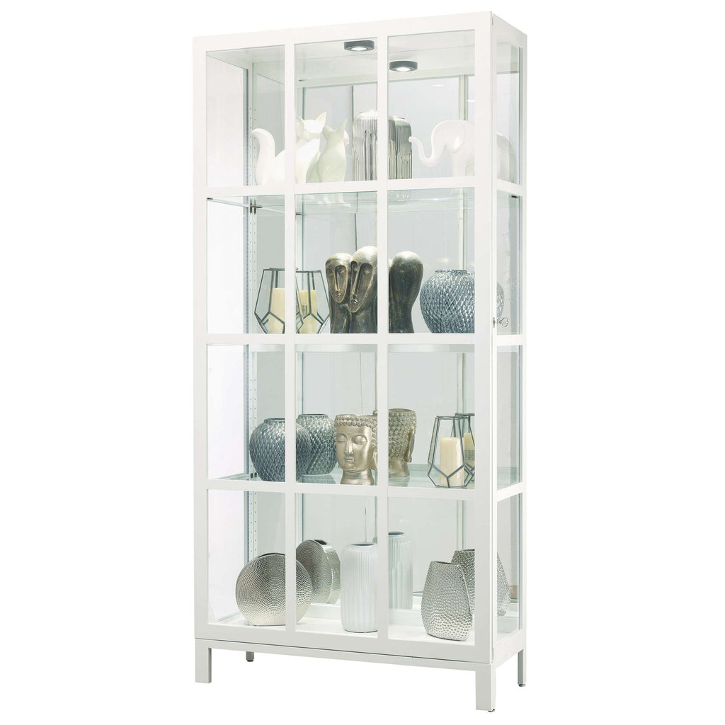 A modern glass display cabinet showcasing various decorative vases and figurines.