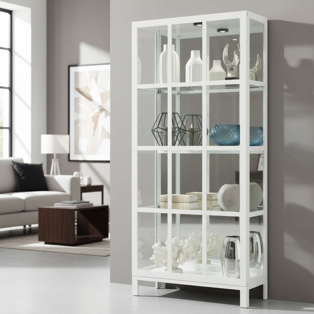 Modern shelving unit displaying decorative items in a stylish interior.