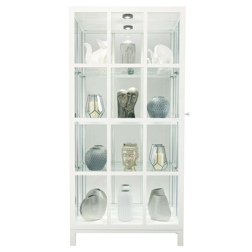 White display cabinet with various decorative vases and sculptures.